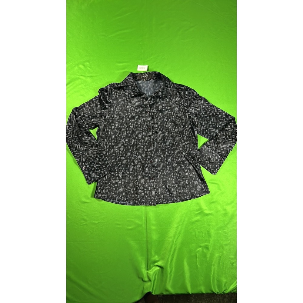 Kasper Navy Blue Polka Dot Button-Down Blouse Long Sleeve Satin Size 12
